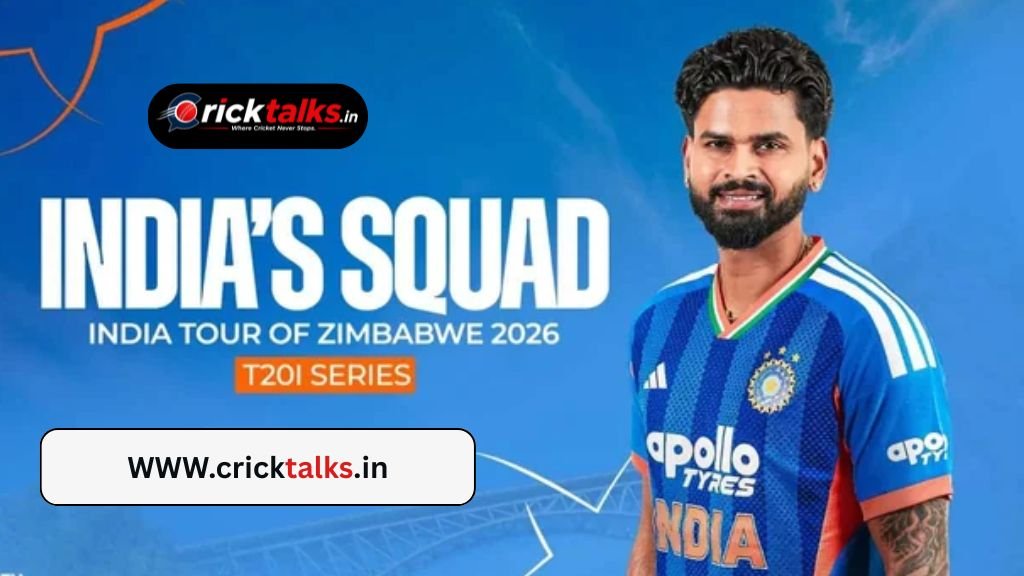 India Tour of Zimbabwe 2026 banner featuring the India T20 squad, match schedule, fixtures, and complete team list with a clean, user-friendly design.